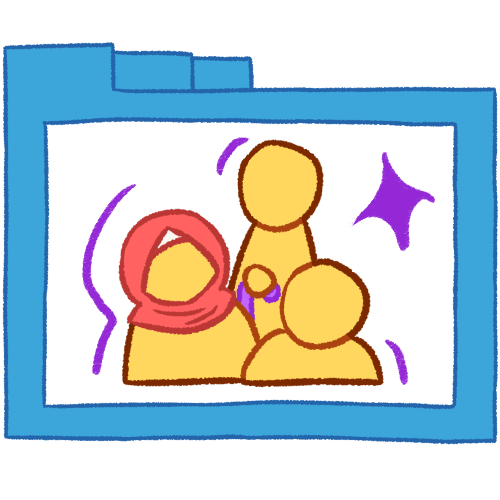 A hollow blue folder with thin lines, containing three busts of emoji yellow people of various heights. There are purple lines around the people and a large purple sparkle